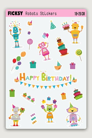 Sevimli Robotlar Doğum Günü Temalı Sticker Seti - 21 Adet Etiket Çıkartma