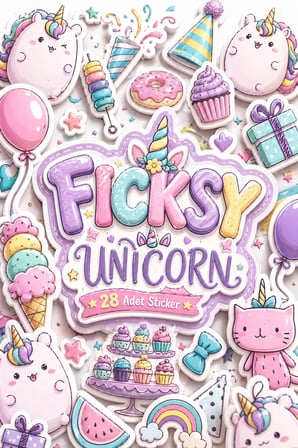 Sevimli Doodle Unicorn Pembe Yavru Kedi Doğum Günü Temalı Sticker Seti - 28 Adet Etiket Çıkartma