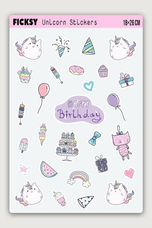 Sevimli Doodle Unicorn Pembe Yavru Kedi Doğum Günü Temalı Sticker Seti - 28 Adet Etiket Çıkartma