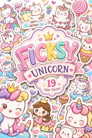 Sevimli Kawaii Unicorn At Ve Kedi Doğum Günü Temalı Sticker Seti - 19 Adet Etiket Çıkartma