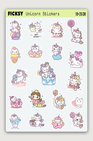 Sevimli Kawaii Unicorn At Ve Kedi Doğum Günü Temalı Sticker Seti - 19 Adet Etiket Çıkartma
