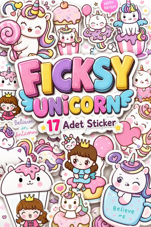 Sevimli Kawaii Unicorn At Ve Kedi Doğum Günü Temalı Sticker Seti - 17 Adet Etiket Çıkartma