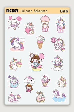 Sevimli Kawaii Unicorn At Ve Kedi Doğum Günü Temalı Sticker Seti - 17 Adet Etiket Çıkartma