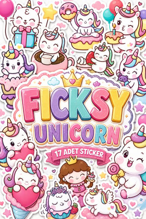 Sevimli Kawaii Unicorn At Ve Kedi Doğum Günü Temalı Sticker Seti - 17 Adet Etiket Çıkartma