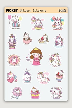 Sevimli Kawaii Unicorn At Ve Kedi Doğum Günü Temalı Sticker Seti - 17 Adet Etiket Çıkartma
