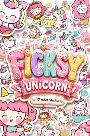 Sevimli Kawaii Unicorn At Ve Kedi Doğum Günü Temalı Sticker Seti - 17 Adet Etiket Çıkartma