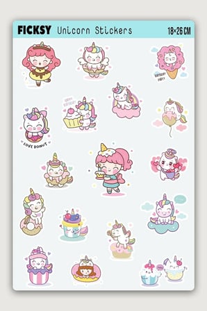 Sevimli Kawaii Unicorn At Ve Kedi Doğum Günü Temalı Sticker Seti - 17 Adet Etiket Çıkartma