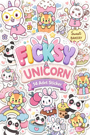 Sevimli Kawaii Unicorn Hayvanlar Doğum Günü Temalı Sticker Seti - 14 Adet Etiket Çıkartma