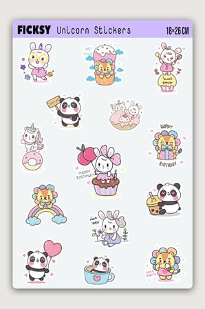 Sevimli Kawaii Unicorn Hayvanlar Doğum Günü Temalı Sticker Seti - 14 Adet Etiket Çıkartma