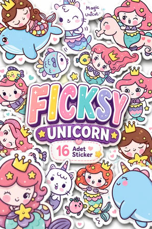 Sevimli Kawaii Unicorn Deniz Kızı Sticker Seti - 16 Adet Balık Kedi Etiket Çıkartma
