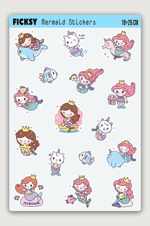Sevimli Kawaii Unicorn Deniz Kızı Sticker Seti - 16 Adet Balık Kedi Etiket Çıkartma