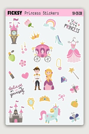 Sevimli Unicorn Prenses Sticker Seti - 26 Adet Etiket Çıkartma