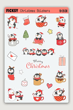 Sevimli Penguen Yılbaşı Yeni Yıl Temalı Sticker Seti - 22 Adet Etiket Çıkartma