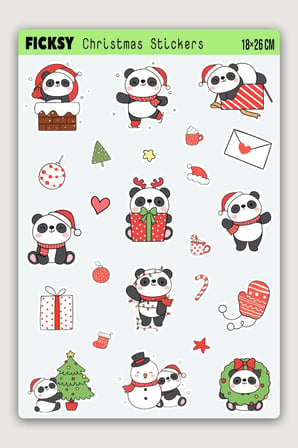 Sevimli Panda Yılbaşı Yeni Yıl Temalı Sticker Seti - 24 Adet Etiket Çıkartma