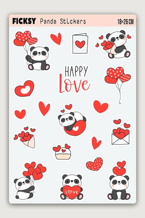 Sevimli Panda Sevgililer Günü Temalı Sticker Seti - 24 Adet Etiket Çıkartma