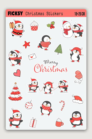 Sevimli Penguen Yılbaşı Yeni Yıl Temalı Sticker Seti - 23 Adet Etiket Çıkartma