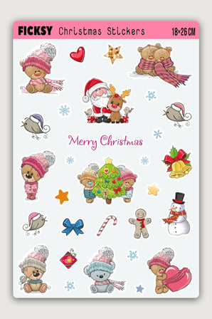 Sevimli Ayıcık Teddy Bear Yılbaşı Yeni Yıl Temalı Sticker Seti - 30 Adet Etiket Çıkartma