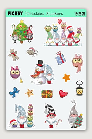 Sevimli Yılbaşı Cücesi Yeni Yıl Temalı Sticker Seti - 17 Adet Etiket Çıkartma
