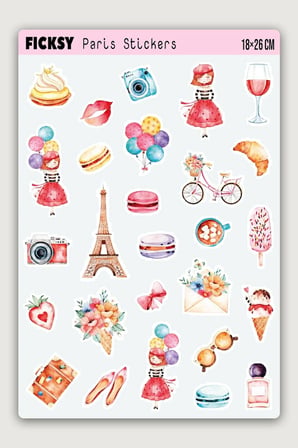 Sevimli Genç Kız Paris'te Yaz Tatili, Seyahat Temalı Sticker Seti - 27 Adet Etiket Çıkartma
