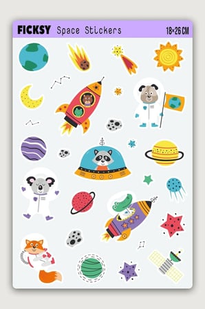 Sevimli Kozmik Hayvanlar Sticker Seti - 21 Adet Uzay, Gezegen, Astronot, Yıldız Etiket Çıkartma