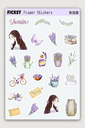 Lavanta Çiçek Sticker Seti - 22 Adet Yuvarlak Etiket Çıkartma