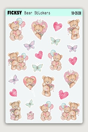 Sevimli Ayıcık Teddy Bear Sevgililer Günü Temalı Sticker Seti - 23 Adet Etiket Çıkartma