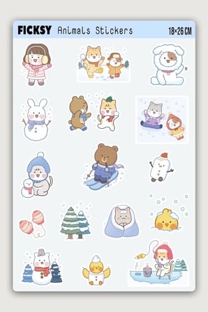 Kawaii Stili Sevimli Hayvanlar Kış Temalı Sticker Seti - 16 Adet Etiket Çıkartma