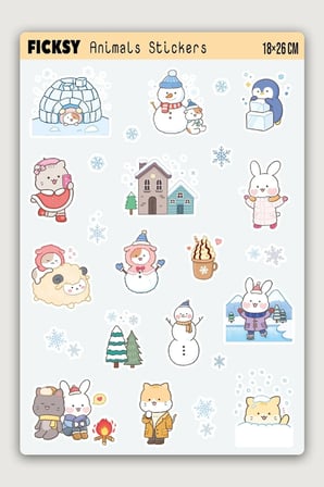 Kawaii Stili Sevimli Hayvanlar Kış Temalı Sticker Seti - 15 Adet Etiket Çıkartma
