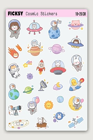 Kawaii Kozmik Hayvanlar Sticker Seti - 28 Adet Uzay, Gezegen, Astronot, Yıldız Etiket Çıkartma