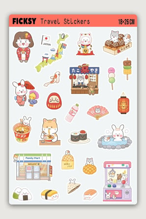 Kawaii Stili Japonya Seyahat Temalı Sticker Seti - 25 Adet Etiket Çıkartma