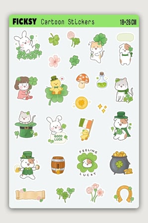 Kawaii Stili Sevimli Hayvanlar 4 Yapraklı Yonca Temalı Sticker Seti - 26 Adet Etiket Çıkartma