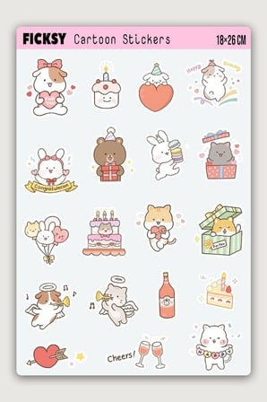 Kawaii Stili Sevimli Hayvanlar Doğum Günü Temalı Sticker Seti - 19 Adet Etiket Çıkartma