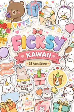 Kawaii Stili Sevimli Hayvanlar Doğum Günü Temalı Sticker Seti - 25 Adet Etiket Çıkartma