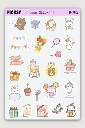 Kawaii Stili Sevimli Hayvanlar Doğum Günü Temalı Sticker Seti - 25 Adet Etiket Çıkartma