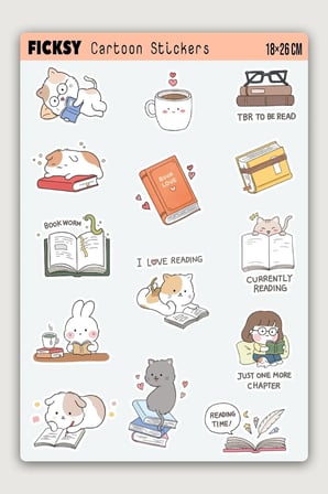 Kawaii Stili Sevimli Hayvanlar Kitap Tutkunu Temalı Sticker Seti - 14 Adet Etiket Çıkartma