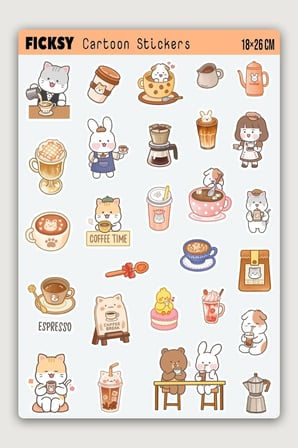 Kawaii Stili Sevimli Hayvanlar Kahve Tutkunu Temalı Sticker Seti - 27 Adet Etiket Çıkartma
