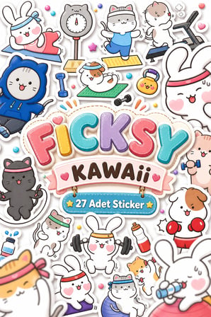 Kawaii Stili Sevimli Hayvanlar Fitness Temalı Sticker Seti - 27 Adet Etiket Çıkartma