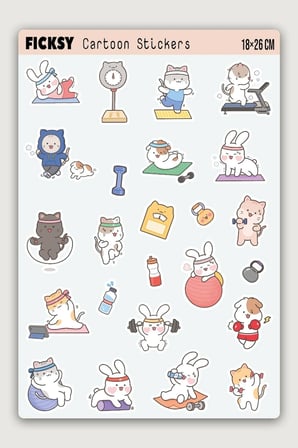 Kawaii Stili Sevimli Hayvanlar Fitness Temalı Sticker Seti - 27 Adet Etiket Çıkartma