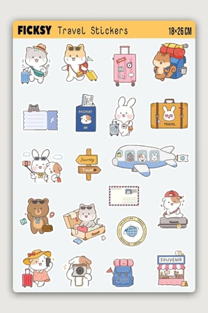 Kawaii Stili Sevimli Hayvanlar Seyahat Temalı Sticker Seti - 20 Adet Etiket Çıkartma