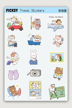 Kawaii Stili Sevimli Hayvanlar Seyahat Temalı Sticker Seti - 15 Adet Etiket Çıkartma