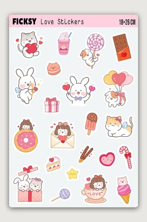 Kawaii Stili Sevimli Hayvanlar Sevgililer Günü Temalı Sticker Seti - 22 Adet Etiket Çıkartma