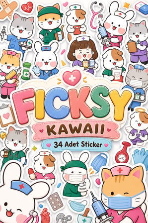 Kawaii Stili Sevimli Hayvanlar Hemşire Temalı Sticker Seti - 34 Adet Etiket Çıkartma