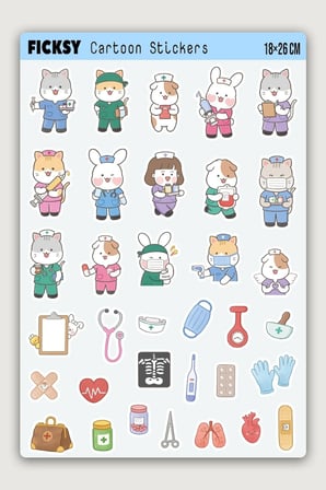 Kawaii Stili Sevimli Hayvanlar Hemşire Temalı Sticker Seti - 34 Adet Etiket Çıkartma