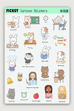 Kawaii Stili Sevimli Hayvanlar Eğitim Öğretmen Temalı Sticker Seti - 22 Adet Etiket Çıkartma