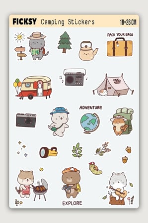 Kawaii Stili Sevimli Hayvanlar Kamp, Macera, Doğa Temalı Sticker Seti - 20 Adet Etiket Çıkartma