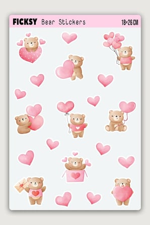 Sevimli Ayıcık Teddy Bear Aşk, Kalp, Sevgililer Günü Temalı Sticker Seti - 20 Adet Etiket Çıkartma