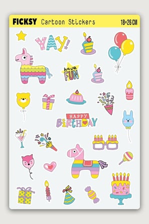 Doodle Stili Sevimli Hayvanlar Doğum Günü Temalı Sticker Seti - 26 Adet Etiket Çıkartma