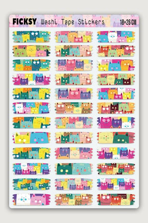 Sevimli Kedi Temalı Washi Tape Bant Sticker Seti - 36 Adet Şekilli Bant Etiket Çıkartma