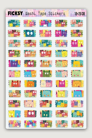 Sevimli Kedi Temalı Washi Tape Bant Sticker Seti - 55 Adet Şekilli Bant Etiket Çıkartma