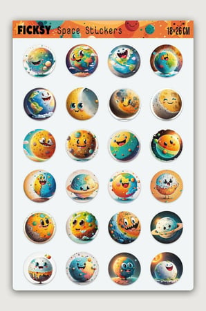 Sevimli Gezegenler Sticker Seti - 24 Adet Yuvarlak Etiket Çıkartma